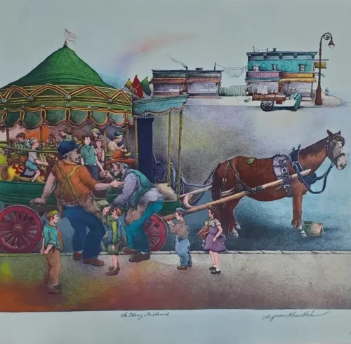 Merry Go Round by Seymour Rosenthal is a lithograph depicting a fair, with a merry go round and a horse drawn carriage.