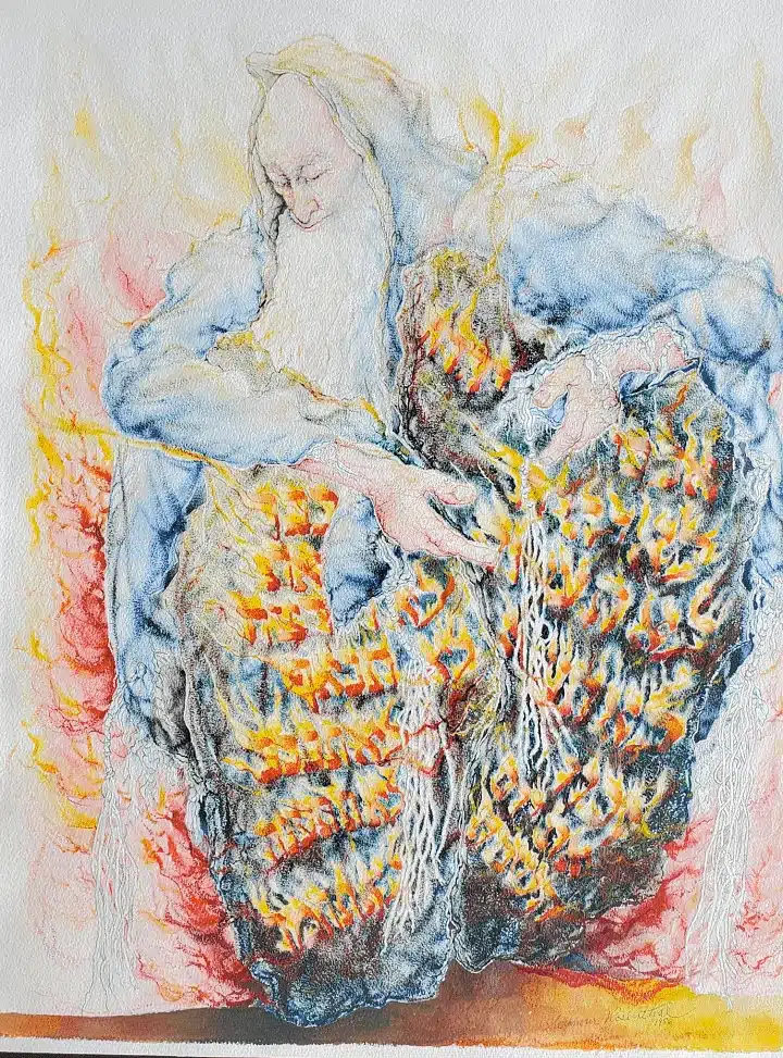 Moses and the Burning Bush by Seymour Rosenthal is a painting which depicts Moses with a white beard melding into a bush which has the Hebrew letters of the ten commandments burning on it.