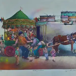 Merry Go Round by Seymour Rosenthal is a lithograph depicting a fair, with a merry go round and a horse drawn carriage.