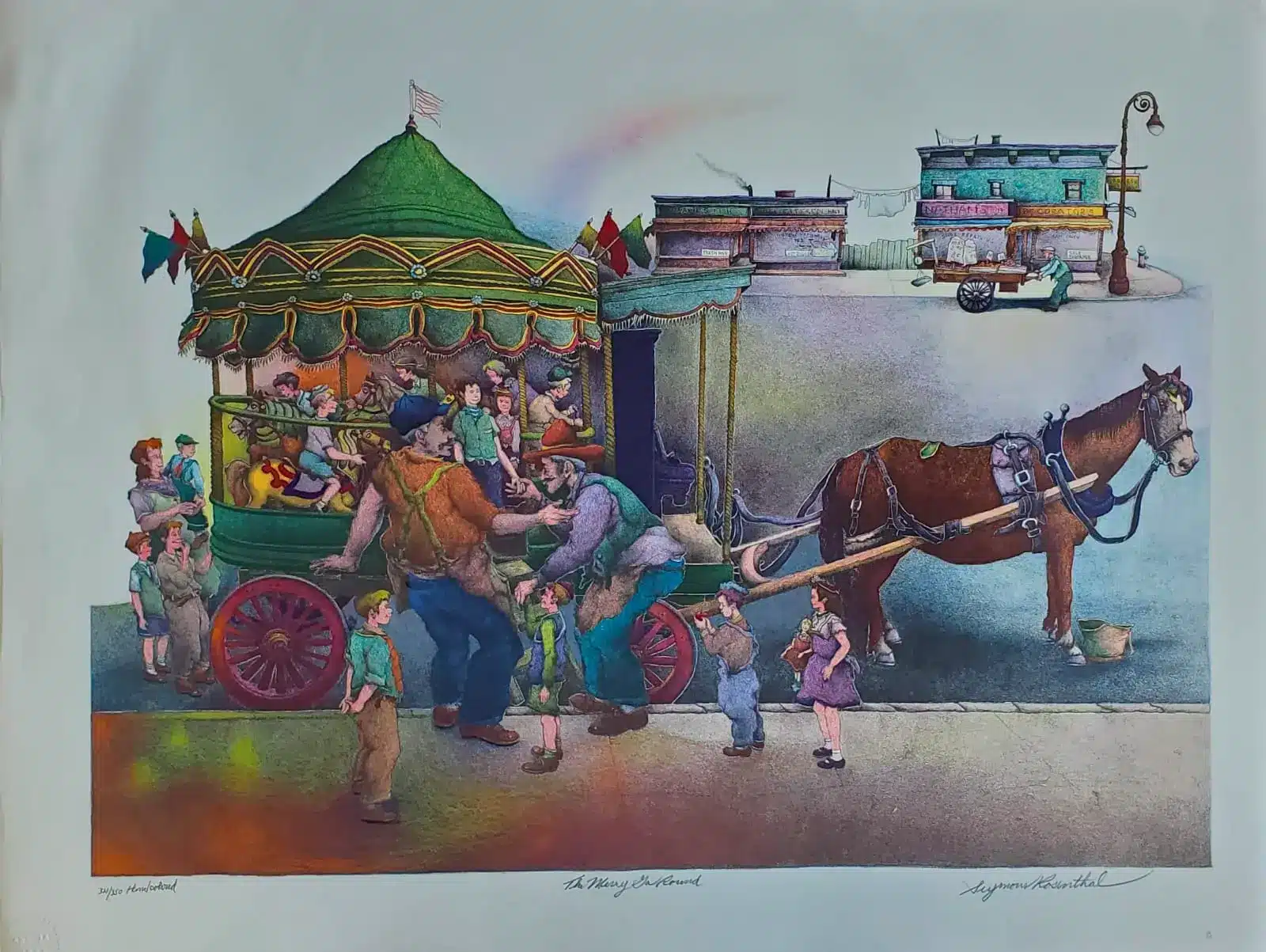 Merry Go Round by Seymour Rosenthal is a lithograph depicting a fair, with a merry go round and a horse drawn carriage.