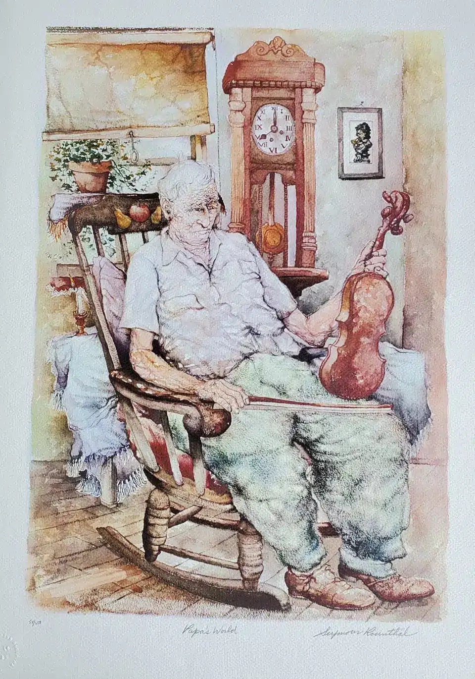 Papas World by Seymour Rosenthal depicts an older man sitting in a rocking chair, holding a fiddle.