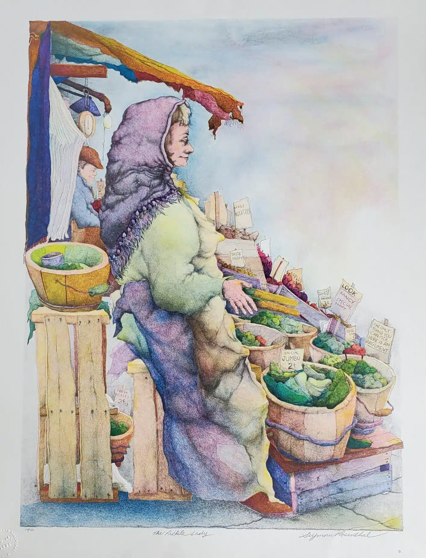 The Pickle Lady by Seymour Rosenthal is a lithograph of a lady standing over her selection of pickled vegetables.