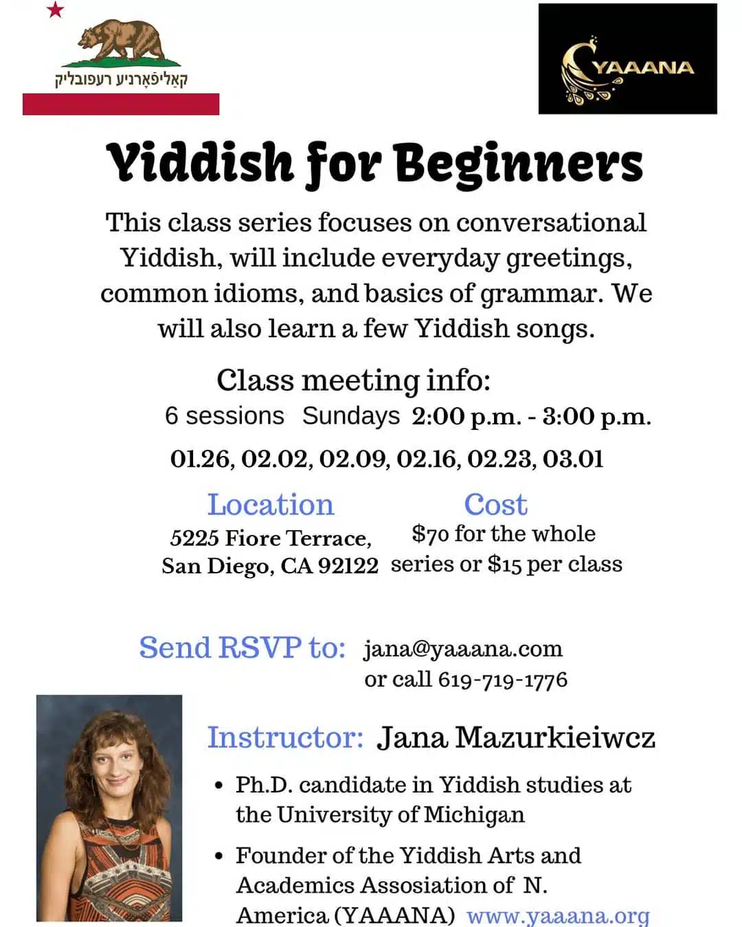 A past event poster advertising Yiddish for beginners, with details.